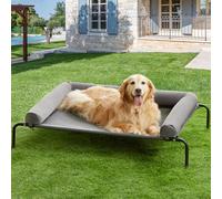 RRPETHOME Large Elevated Cooling Dog Bed, Raised Dog Cot for Large Dogs, U-Shaped Pillow, Metal and Mesh Combination, Grey