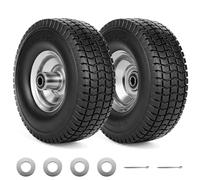 RRQ 4.10/3.50-4 Flat Free Tire and Wheel, 10" Heavy Duty Solid Tire, 2 Pack | Turf Tread, 5/8" Bearings, 2.2" Offset Hub, One-Piece Welded Rims, 350 Lbs Load, for Hand Truck, Dolly, Garden Cart, Wagon