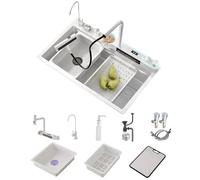 RRrawgff Kitchen Sink Double Waterfall Sink with LED Display and Ambient Light with Cup Washer, soap Dispenser and Counter Control Drain with a Wide Range of Accessories (White, 85 * 45 * 22c
