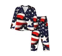 RRSZCC American Flag Stars Stripes Womens Pajamas Set 2 Piece Long Sleeve Sleepwear Button Down Pjs Lounge Set Nightwear Black