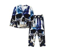 RRSZCC Blue Stripe Stars Skull Womens Pajamas Set 2 Piece Long Sleeve Sleepwear Button Down Pjs Lounge Set Nightwear