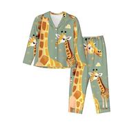 RRSZCC Cute Wild Cartoon Giraffes Womens Pajamas Set 2 Piece Long Sleeve Sleepwear Button Down Pjs Lounge Set Nightwear Black