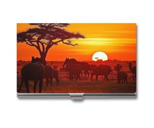 Rrtsmsgh African Animal Sunset Business Card Holder, Ultra Slim Aluminum Business Card Case, Portable Sleek Metal Wallet for Men & Women