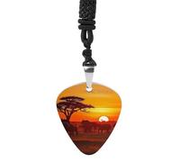 Rrtsmsgh African Animal Sunset Guitar Pick Necklace for Men & Women, Titanium Steel Guitar Plectrum Pendant, Music Lover Gift for Guitarists, Musicians, Rock Fans