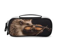 Rrtsmsgh Animal Hedgehog Music Violin Pencil Case Large Capacity, Small PU Leather Makeup Bag with Zipper & Handle, Portable Pencil Pouch for Office, Cosmetic Storage