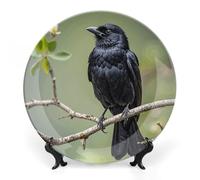 Rrtsmsgh Black Crow Birds on A Branch Decorative Plate for Display, 2 in 1 Set with Stand & Hook, 6inch Ceramic Decorative Plate Elegant Wall Decor Art Plates for Home Decor, Office, Entryway