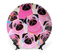 Rrtsmsgh Colorful Pugs Dogs Decorative Plate for Display, 2 in 1 Set with Stand & Hook, 6inch Ceramic Decorative Plate Elegant Wall Decor Art Plates for Home Decor, Office, Entryway