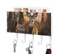 Rrtsmsgh Deers Picture Key Holder Wall Mounted, PU Leather Key Holder with 5 Hooks & Mail Organizer, Vintage Keys Rack for Hallway, Entryway, Kitchen