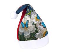 Rrtsmsgh Glitter Sequin Christmas Hat Funny Soft Xmas Cap Adult, White Blooms Blue Butterflies Santa Hat for New Year Party
