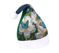 Rrtsmsgh Glitter Sequin Christmas Hat Funny Soft Xmas Cap Adult, White Blooms Blue Butterflies Santa Hat for New Year Party