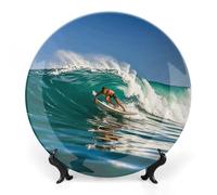 Rrtsmsgh Hawaiian Surfer on Wavy Decorative Plate for Display, 2 in 1 Set with Stand & Hook, 8inch Ceramic Decorative Plate Elegant Wall Decor Art Plates for Home Decor, Office, Entryway