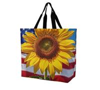 Rrtsmsgh Large Tote Bag for Women - Reusable Grocery Bags Heavy Duty Polyester Tote with Sturdy Handles, Large Capacity Sunflower And Flag Travel Bag Fashion Shoulder Bags for Gym Travel Work