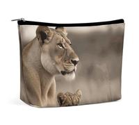 Rrtsmsgh Lioness with Cub Makeup Bag for Women Portable Travel Toiletry Pouch, PU Leather Cosmetic Bag with Zipper