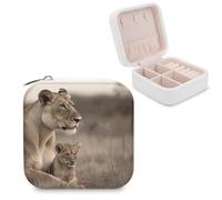 Rrtsmsgh Lioness with Cub Small Jewelry Box with Zipper Closure, Leather Ring Storage Box, Portable Travel Jewelry Organizer for Necklace, Earrings, Ring, Bracelet