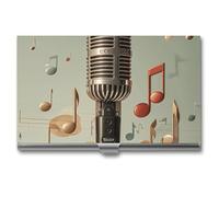 Rrtsmsgh Microphone with Music Note Business Card Holder, Ultra Slim Aluminum Business Card Case, Portable Sleek Metal Wallet for Men & Women