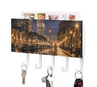 Rrtsmsgh Portland at Night Key Holder Wall Mounted, PU Leather Key Holder with 5 Hooks & Mail Organizer, Vintage Keys Rack for Hallway, Entryway, Kitchen