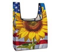 Rrtsmsgh Reusable Grocery Bags Large Foldable Tote Bag Fits in Pocket Heavy Duty 40LBS, Waterproof Sunflower And Flag Shopping Bags Cloth Gift Bag for Travel, Beach & Camping