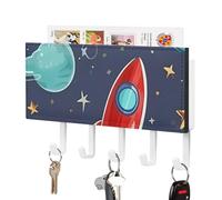 Rrtsmsgh Rocket Clipart Space Ship Key Holder Wall Mounted, PU Leather Key Holder with 5 Hooks & Mail Organizer, Vintage Keys Rack for Hallway, Entryway, Kitchen