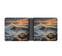Rrtsmsgh Rocky Wave Sunset Painting Wallet for Men & Women Ultra Slim PU Leather Bifold Wallet, Credit Card Holder for Travel
