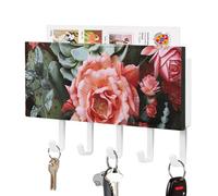 Rrtsmsgh Roses Flowers and Cactus Key Holder Wall Mounted, PU Leather Key Holder with 5 Hooks & Mail Organizer, Vintage Keys Rack for Hallway, Entryway, Kitchen