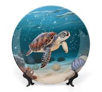 Rrtsmsgh Sea Turtle Swimming Decorative Plate for Display, 2 in 1 Set with Stand & Hook, 6inch Ceramic Decorative Plate Elegant Wall Decor Art Plates for Home Decor, Office, Entryway