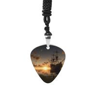 Rrtsmsgh Ship in The Lake Sunset Guitar Pick Necklace for Men & Women, Titanium Steel Guitar Plectrum Pendant, Music Lover Gift for Guitarists, Musicians, Rock Fans