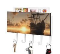 Rrtsmsgh Ship in The Lake Sunset Key Holder Wall Mounted, PU Leather Key Holder with 5 Hooks & Mail Organizer, Vintage Keys Rack for Hallway, Entryway, Kitchen