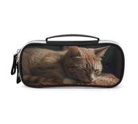 Rrtsmsgh Sleeping Cat Pencil Case Large Capacity, Small PU Leather Makeup Bag with Zipper & Handle, Portable Pencil Pouch for Office, Cosmetic Storage