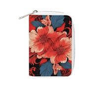 Rrtsmsgh Slim Credit Card Holder for Men & Women - 20 Card Slots & 2 Coin Pockets, Red Floral Pattern Cards Case PU Leather Wallet with Zipper for Travel
