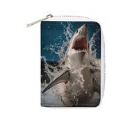 Rrtsmsgh Slim Credit Card Holder for Men & Women - 20 Card Slots & 2 Coin Pockets, Shark Attack Fish Cards Case PU Leather Wallet with Zipper for Travel