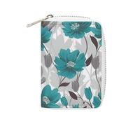 Rrtsmsgh Slim Credit Card Holder for Men & Women - 20 Card Slots & 2 Coin Pockets, Teal Grey And White Floral Cards Case PU Leather Wallet with Zipper for Travel