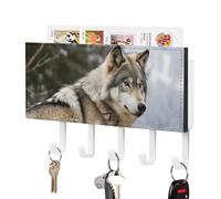 Rrtsmsgh Snow Mountain Wild Wolf Key Holder Wall Mounted, PU Leather Key Holder with 5 Hooks & Mail Organizer, Vintage Keys Rack for Hallway, Entryway, Kitchen