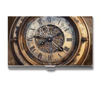 Rrtsmsgh Steampunk Clock Business Card Holder, Ultra Slim Aluminum Business Card Case, Portable Sleek Metal Wallet for Men & Women