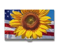 Rrtsmsgh Sunflower And Flag Business Card Holder, Ultra Slim Aluminum Business Card Case, Portable Sleek Metal Wallet for Men & Women