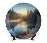 Rrtsmsgh Sunrise over Mountain Forest Lake Decorative Plate for Display, 2 in 1 Set with Stand & Hook, 6inch Ceramic Decorative Plate Elegant Wall Decor Art Plates for Home Decor, Office, Entryway