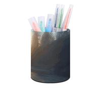 Rrtsmsgh Sunrise over Mountain Forest Lake Pen Holder for Desk - PU Leather Desk Organizer Minimalist Pencil Cup Round Makeup Brush Holder Decorative Pencil Holder for Office & Home