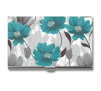 Rrtsmsgh Teal Grey And White Floral Business Card Holder, Ultra Slim Aluminum Business Card Case, Portable Sleek Metal Wallet for Men & Women