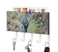 Rrtsmsgh The Peacock Key Holder Wall Mounted, PU Leather Key Holder with 5 Hooks & Mail Organizer, Vintage Keys Rack for Hallway, Entryway, Kitchen