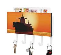 Rrtsmsgh The Tanker Ship on Red Sunrise Key Holder Wall Mounted, PU Leather Key Holder with 5 Hooks & Mail Organizer, Vintage Keys Rack for Hallway, Entryway, Kitchen