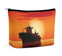 Rrtsmsgh The Tanker Ship on Red Sunrise Makeup Bag for Women Portable Travel Toiletry Pouch, PU Leather Cosmetic Bag with Zipper