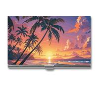 Rrtsmsgh Tropical Beach Palm Tree Sunset Business Card Holder, Ultra Slim Aluminum Business Card Case, Portable Sleek Metal Wallet for Men & Women