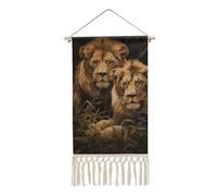 Rrtsmsgh Two Lions Hanging Poster, Vertical Cotton Linen Wall Art with Tassel, Wall Artwork Vintage Tapestry for Living Room, Bedroom, 10 X 19.6 Inch