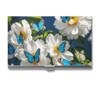 Rrtsmsgh White Blooms Blue Butterflies Business Card Holder, Ultra Slim Aluminum Business Card Case, Portable Sleek Metal Wallet for Men & Women