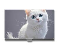 Rrtsmsgh White Cute Cat Business Card Holder, Ultra Slim Aluminum Business Card Case, Portable Sleek Metal Wallet for Men & Women