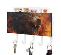 Rrtsmsgh Wild Wolf in The Fire Key Holder Wall Mounted, PU Leather Key Holder with 5 Hooks & Mail Organizer, Vintage Keys Rack for Hallway, Entryway, Kitchen