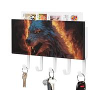 Rrtsmsgh Wolf Surrounded by Fire Key Holder Wall Mounted, PU Leather Key Holder with 5 Hooks & Mail Organizer, Vintage Keys Rack for Hallway, Entryway, Kitchen