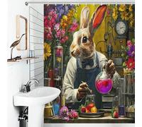 RRTYVFD Bunny Chemist in Flower Lab Bath Shower Curtains Mildew Quick Drying Proof Resistant Shower Curtains Set with 12 Hooks for Bathtub Shower Stall 53.54x70.87Inch（136x180cm）