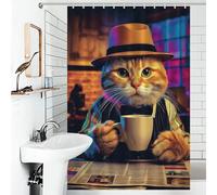 RRTYVFD Cat in Fedora with Coffee Mug Shower Curtain Anti Mould Quick Drying Proof Resistant Shower Curtain with Hooks for Bathroom for Bathroom 46.85x70.87Inch（119x180cm）