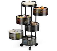 RRXIMHTT 5-Tier Rotating Metal Kitchen Trolley with Mesh Baskets - Modern Design, Movable Wheels, Large Capacity, Suitable for Kitchen, Living Room, and Bedroom Storage Black