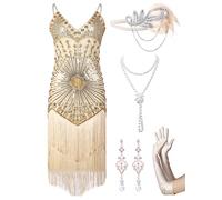 RRYIO Women's Flapper Dresses 1920s,Great Gatsby Dresses Sequin Fringe Cocktail Dress Roaring 20s Dress for Harlem, Gold Beige, Medium